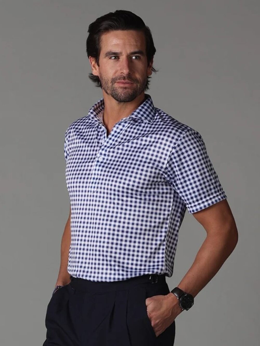 NWT Collars & Co. Firm Dress Collar Polo Semi Spread Navy Gingham Size Large L